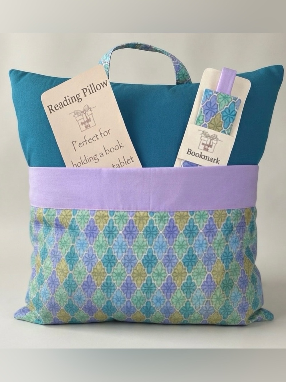 Teal and Purple Reading Pillow with Bookmark